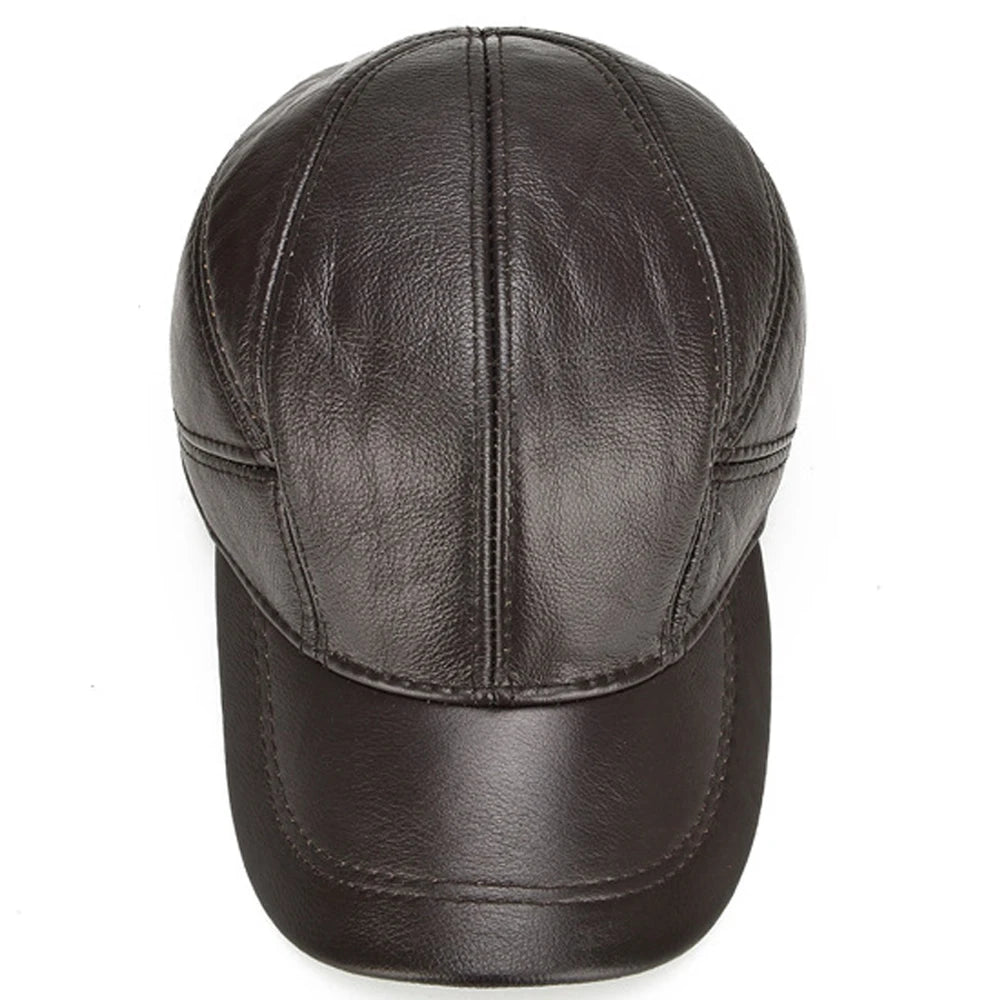 Brand Men Casual Real Leather Earflap Cap Men Real Cowhide Leather Caps Male Fall Winter Genuine Real Cow Leather Baseball Hats