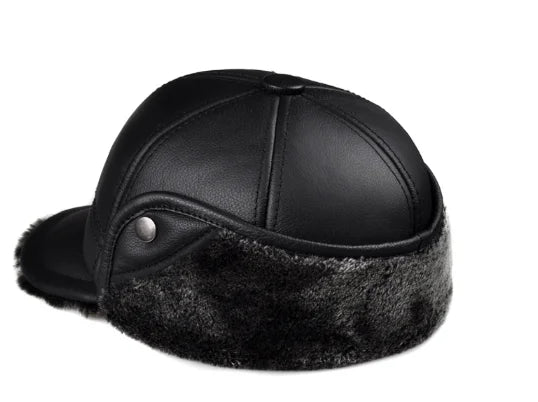 Genuine Cowhide Leather Faux Fur Caps Dad Warm Winter Hat For Men Velvet Flat-top Duck Tongue Ear Protection Outdoor Bomber Gorr