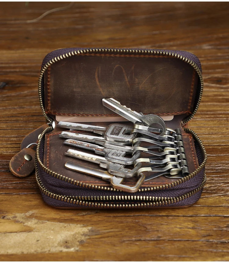Genuine Leather Key Wallet For Men Retro Car Smart Key Case Double Zipper Housekeeper Keys Coin Pouch Organizer Handbag Women