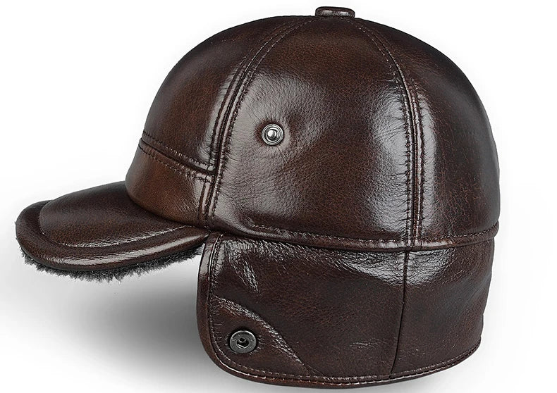 High Quality Genuine Leather Hats Winter First Layer Cowhide Warm Earmuffs Bomber Caps Plus Velvet Thicken Man Bone Caps Dad Hat
