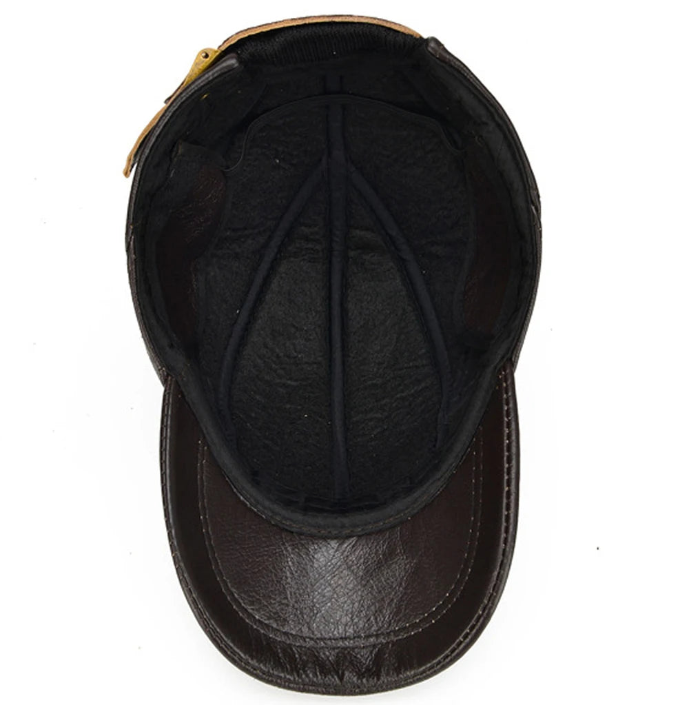 Brand Men Casual Real Leather Earflap Cap Men Real Cowhide Leather Caps Male Fall Winter Genuine Real Cow Leather Baseball Hats