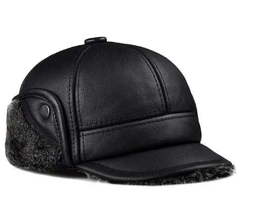Genuine Cowhide Leather Faux Fur Caps Dad Warm Winter Hat For Men Velvet Flat-top Duck Tongue Ear Protection Outdoor Bomber Gorr