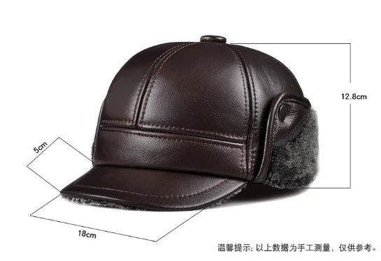 Genuine Cowhide Leather Faux Fur Caps Dad Warm Winter Hat For Men Velvet Flat-top Duck Tongue Ear Protection Outdoor Bomber Gorr