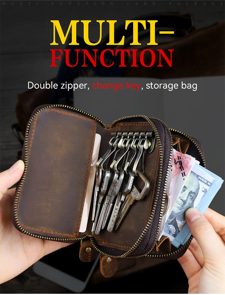 Genuine Leather Key Wallet For Men Retro Car Smart Key Case Double Zipper Housekeeper Keys Coin Pouch Organizer Handbag Women