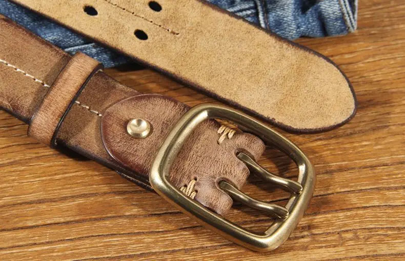 Vintage Men's 3.8cm Wide Double Breasted Belt 100% Cowhide Double Prong Buckle Handmade Heavy Duty Belt Fashion Jeans Belt Brown