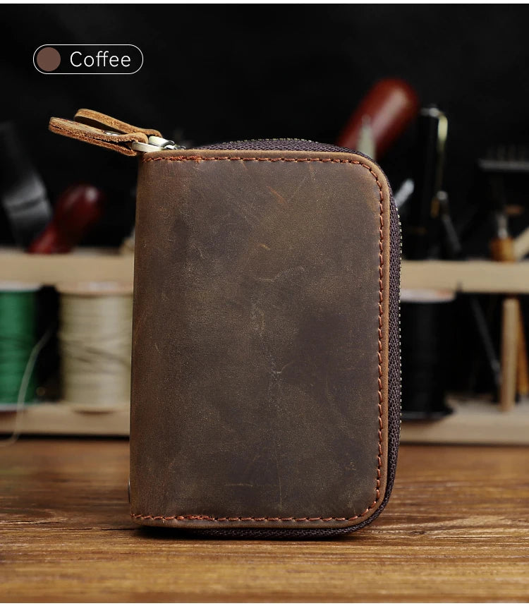Genuine Leather Key Wallet For Men Retro Car Smart Key Case Double Zipper Housekeeper Keys Coin Pouch Organizer Handbag Women