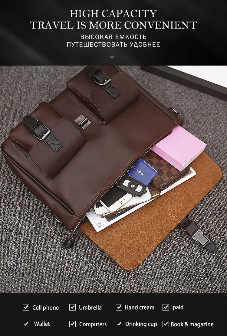 Men Leather Bag Men's Laptop Briefcase Bag Vintage Male Office Messenger Bag Business PU Leather Briefcase Bags For Man Backpack