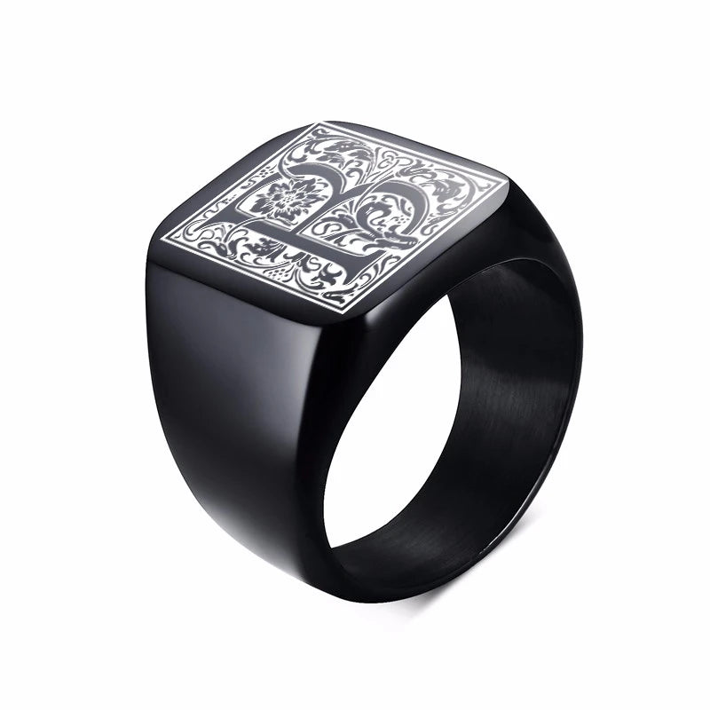 MONOGRAM SIGNET RING STAINLESS STEEL BIKER RINGS FOR MEN MONOGRAM FANCY INITAL SQUARE FLAT TOP BAND IN BLACK