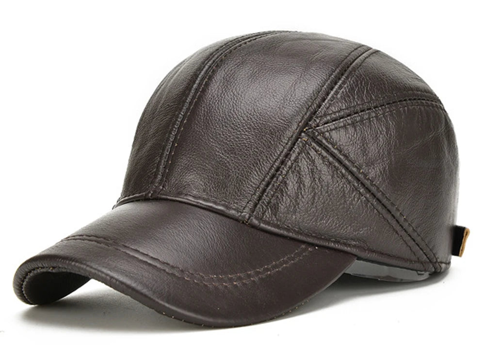 Brand Men Casual Real Leather Earflap Cap Men Real Cowhide Leather Caps Male Fall Winter Genuine Real Cow Leather Baseball Hats