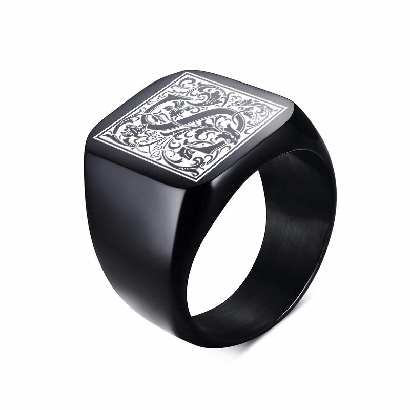 MONOGRAM SIGNET RING STAINLESS STEEL BIKER RINGS FOR MEN MONOGRAM FANCY INITAL SQUARE FLAT TOP BAND IN BLACK