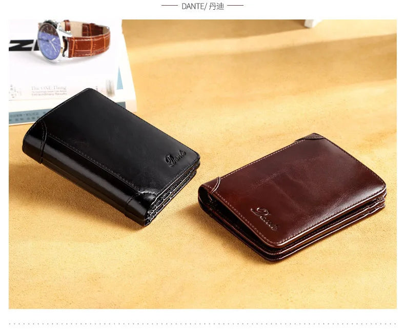 Dante Men's Leather Wallet RFID Anti-theft Brush Head Layer Cowhide Retro Casual Vertical Multi-Function Money Bag Money Clips