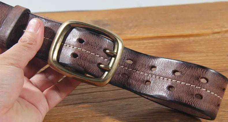 Vintage Men's 3.8cm Wide Double Breasted Belt 100% Cowhide Double Prong Buckle Handmade Heavy Duty Belt Fashion Jeans Belt Brown