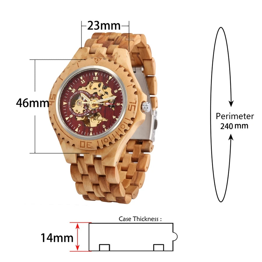 Men's Watch Top Luxury Mechanical Watch Automatic Red Skeleton Cherry Wood Clock Men Full Wooden Band Casual Wristwatch Retro
