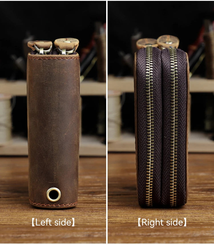 Genuine Leather Key Wallet For Men Retro Car Smart Key Case Double Zipper Housekeeper Keys Coin Pouch Organizer Handbag Women