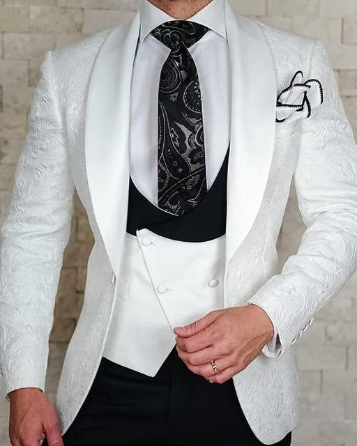 Hot Selling Men Suits Pattern and Black Groom Tuxedos Shawl Satin Lapel Groomsmen Wedding Best Man ( Jacket+Pants+Vest+Tie) C691