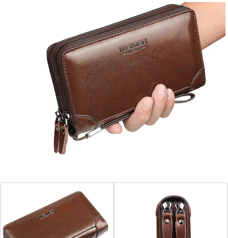 Men's wallet long wallet quality PU leather wallet men's Double Zipper Coin Pocket Purse youth business clutch Phone bag