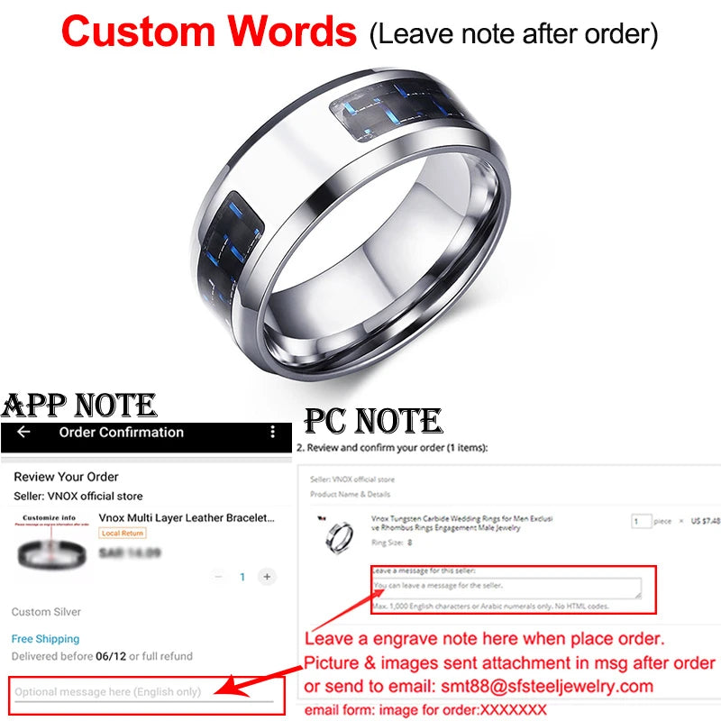 Vnox Customize Logo 8mm Men's Ring Carbon Fiber Wedding Band Personalized Simple Icon Image Meaningful Gift to Husband Dad