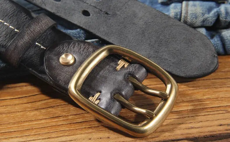 Vintage Men's 3.8cm Wide Double Breasted Belt 100% Cowhide Double Prong Buckle Handmade Heavy Duty Belt Fashion Jeans Belt Brown