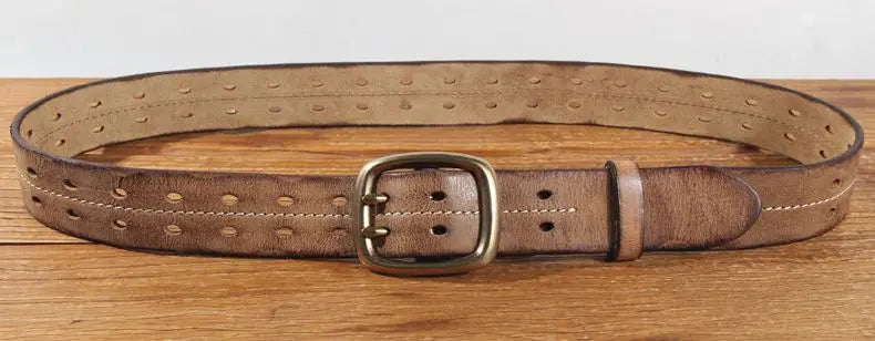 Vintage Men's 3.8cm Wide Double Breasted Belt 100% Cowhide Double Prong Buckle Handmade Heavy Duty Belt Fashion Jeans Belt Brown