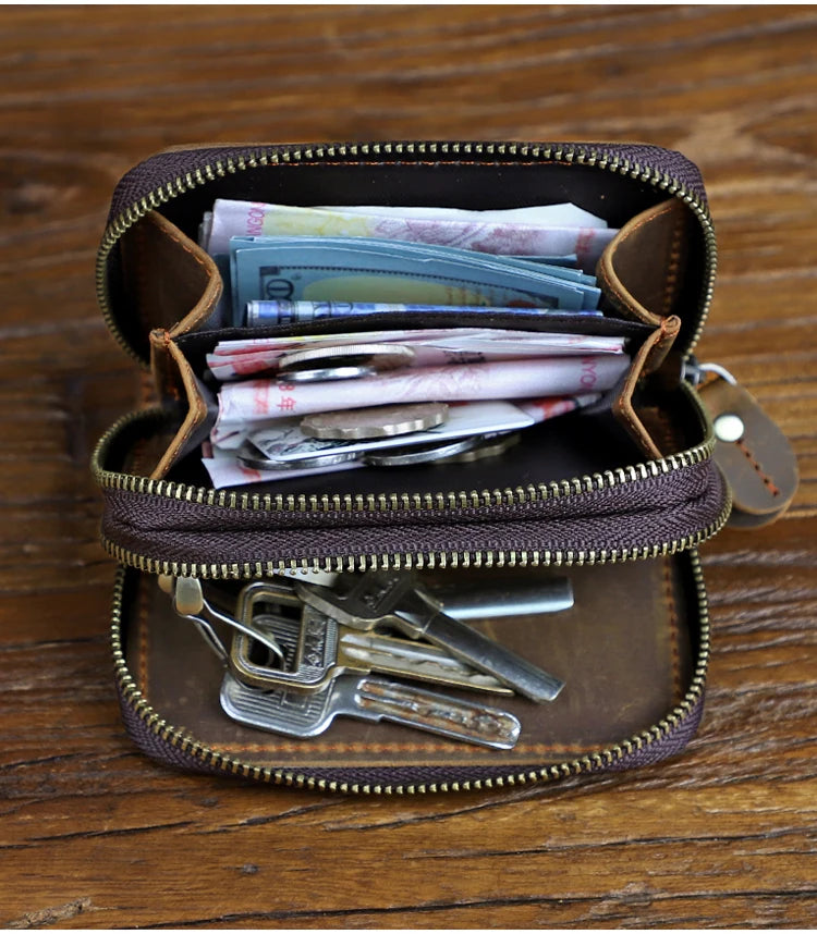 Genuine Leather Key Wallet For Men Retro Car Smart Key Case Double Zipper Housekeeper Keys Coin Pouch Organizer Handbag Women