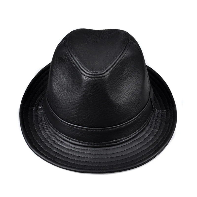 New 2025 Man High Quality Genuine Leather Jazz Fedora Gentleman Cow Skin Short Brim Black/Brown Top Hat Male Shows Topper