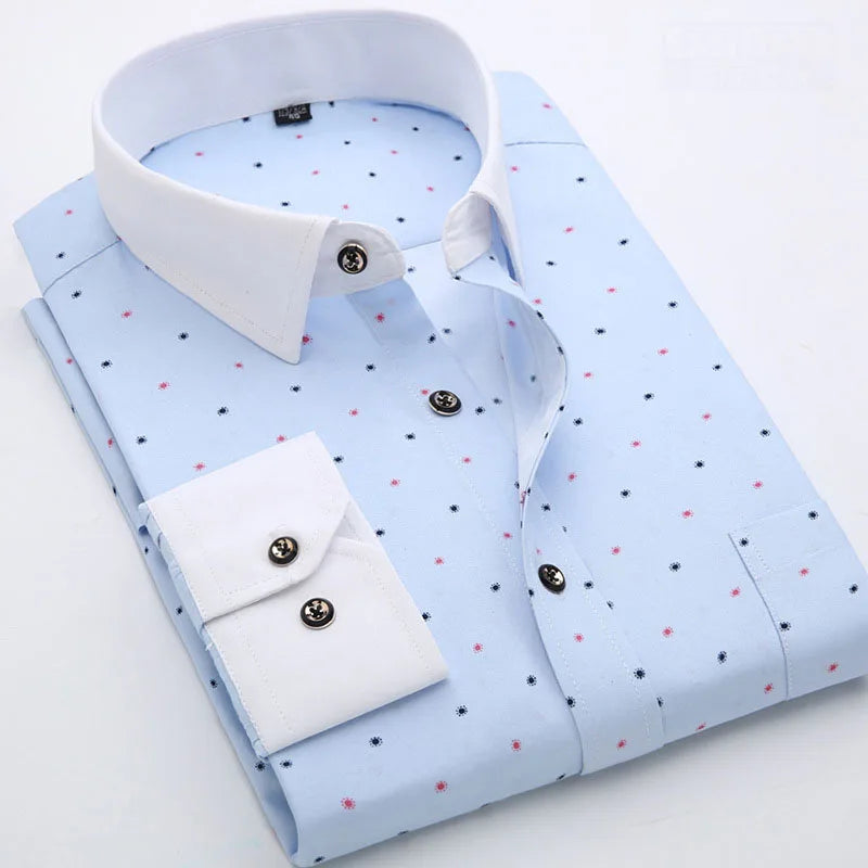 QFZ543-men Long Sleeve Shirts Retailer Special Men Clothing Classic Print Youth Slim Shirt