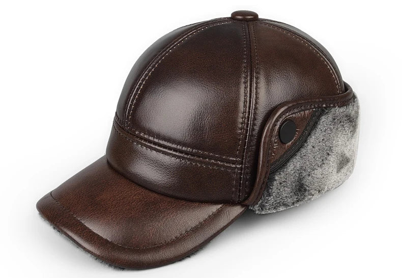 High Quality Genuine Leather Hats Winter First Layer Cowhide Warm Earmuffs Bomber Caps Plus Velvet Thicken Man Bone Caps Dad Hat