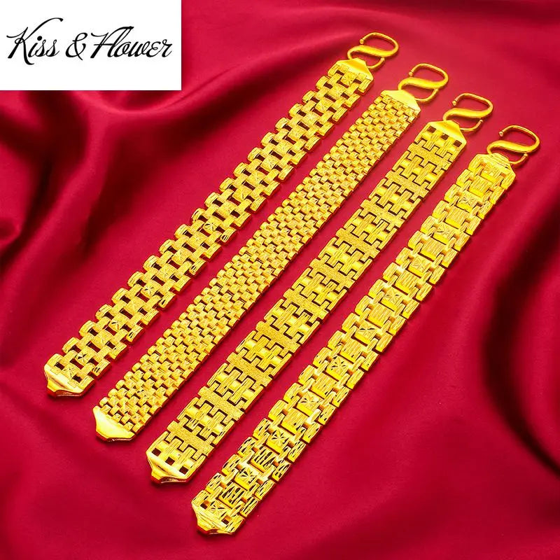 KISS&FLOWER BR153 2022 Fine Jewelry Wholesale Fashion Man Boy Birthday Wedding Gift Vintage Wide Watch Chain 24KT Gold Bracelet