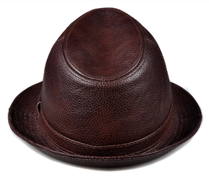 New 2025 Man High Quality Genuine Leather Jazz Fedora Gentleman Cow Skin Short Brim Black/Brown Top Hat Male Shows Topper