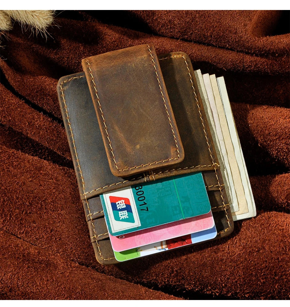 Leather Magnetic Money Clip Men Father's Day Gift Wallet Card Photo Holder Design Handy Front Pocket Wallet Mini Purse Male 1017