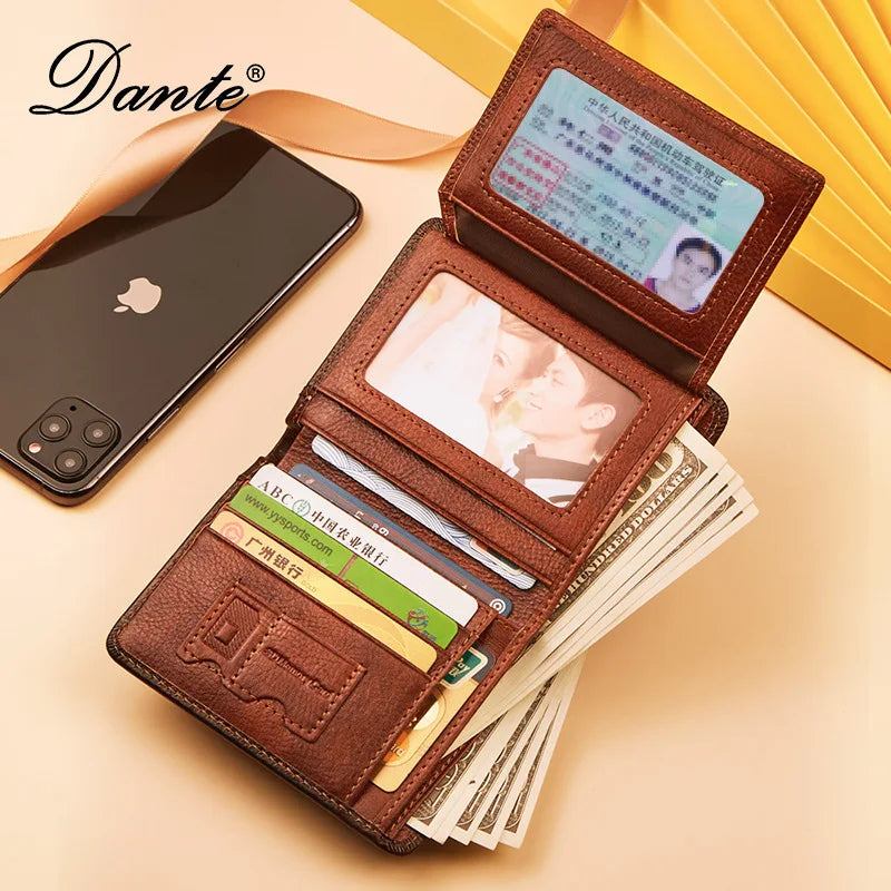 Dante Men's Leather Wallet RFID Anti-theft Brush Head Layer Cowhide Retro Casual Vertical Multi-Function Money Bag Money Clips