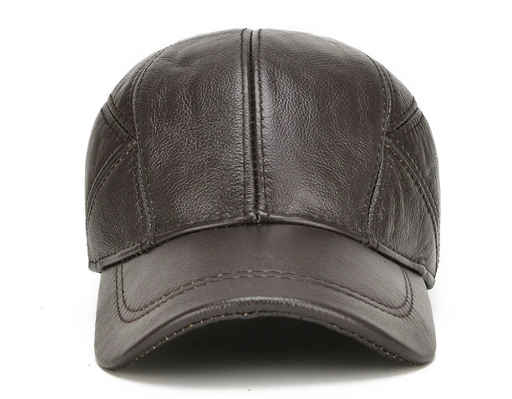 Brand Men Casual Real Leather Earflap Cap Men Real Cowhide Leather Caps Male Fall Winter Genuine Real Cow Leather Baseball Hats
