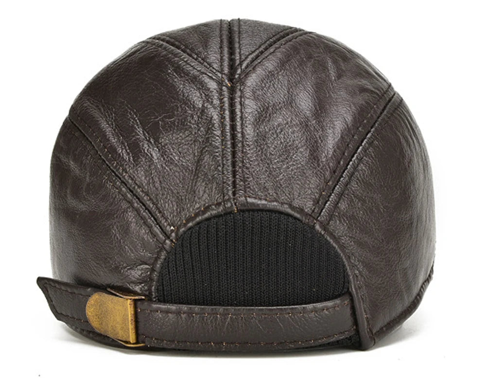 Brand Men Casual Real Leather Earflap Cap Men Real Cowhide Leather Caps Male Fall Winter Genuine Real Cow Leather Baseball Hats