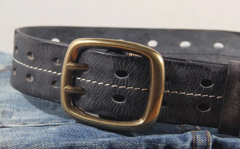 Vintage Men's 3.8cm Wide Double Breasted Belt 100% Cowhide Double Prong Buckle Handmade Heavy Duty Belt Fashion Jeans Belt Brown