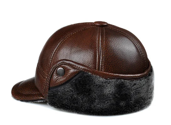 Genuine Cowhide Leather Faux Fur Caps Dad Warm Winter Hat For Men Velvet Flat-top Duck Tongue Ear Protection Outdoor Bomber Gorr