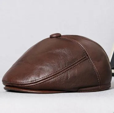 SILOQIN Men's Real Genuine Leather Caps Warm Berets Men Cowhide Leather Hat Winter Fur Earmuffs Cap Middle-aged Dad's Beret Hats