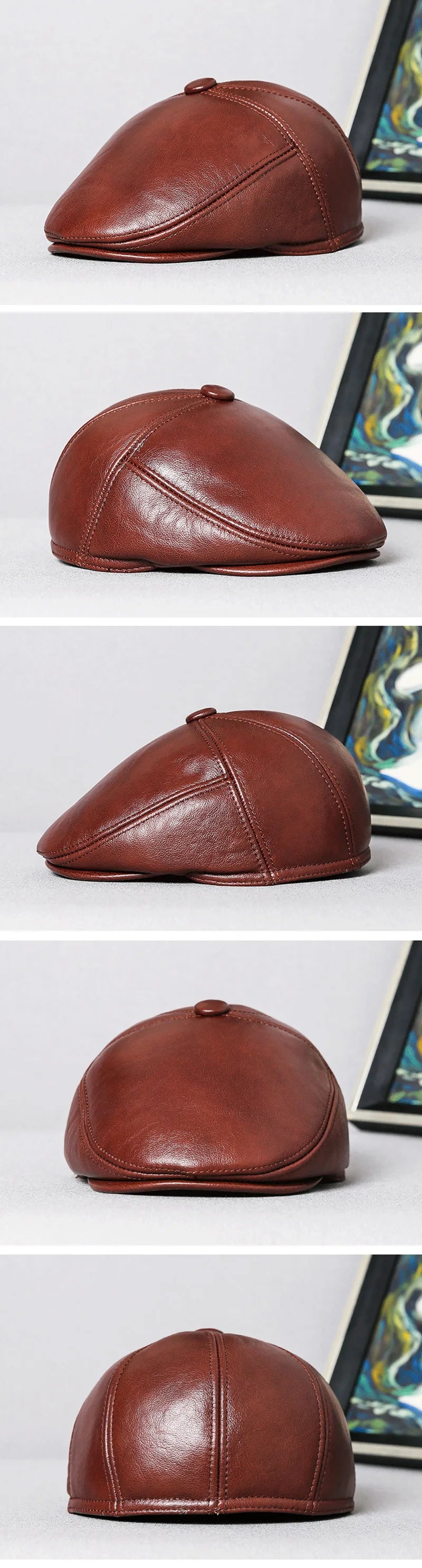 SILOQIN Men's Real Genuine Leather Caps Warm Berets Men Cowhide Leather Hat Winter Fur Earmuffs Cap Middle-aged Dad's Beret Hats