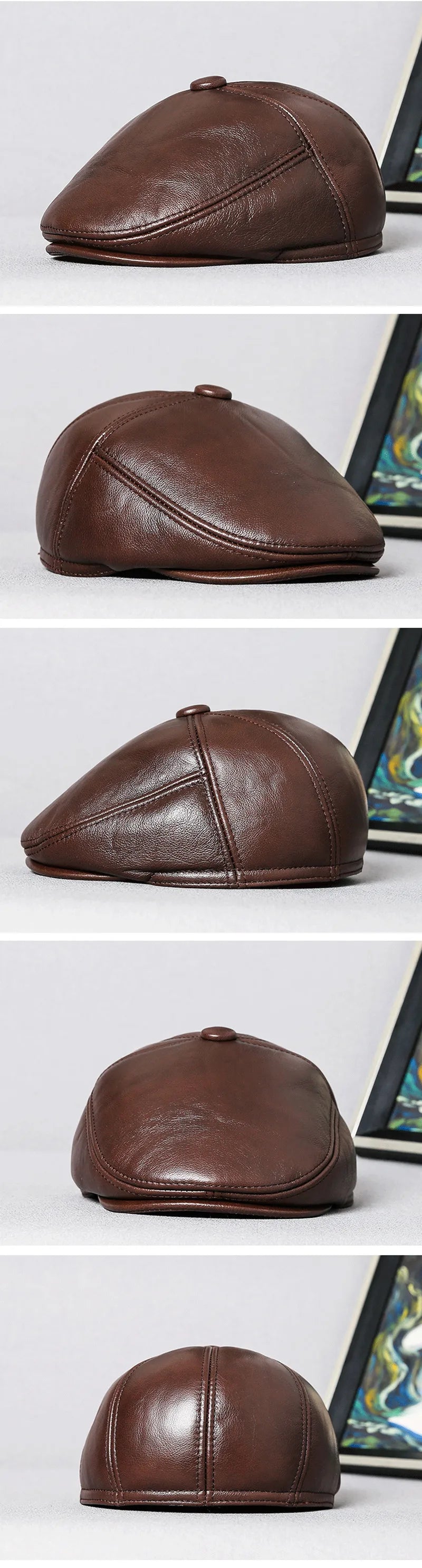 SILOQIN Men's Real Genuine Leather Caps Warm Berets Men Cowhide Leather Hat Winter Fur Earmuffs Cap Middle-aged Dad's Beret Hats