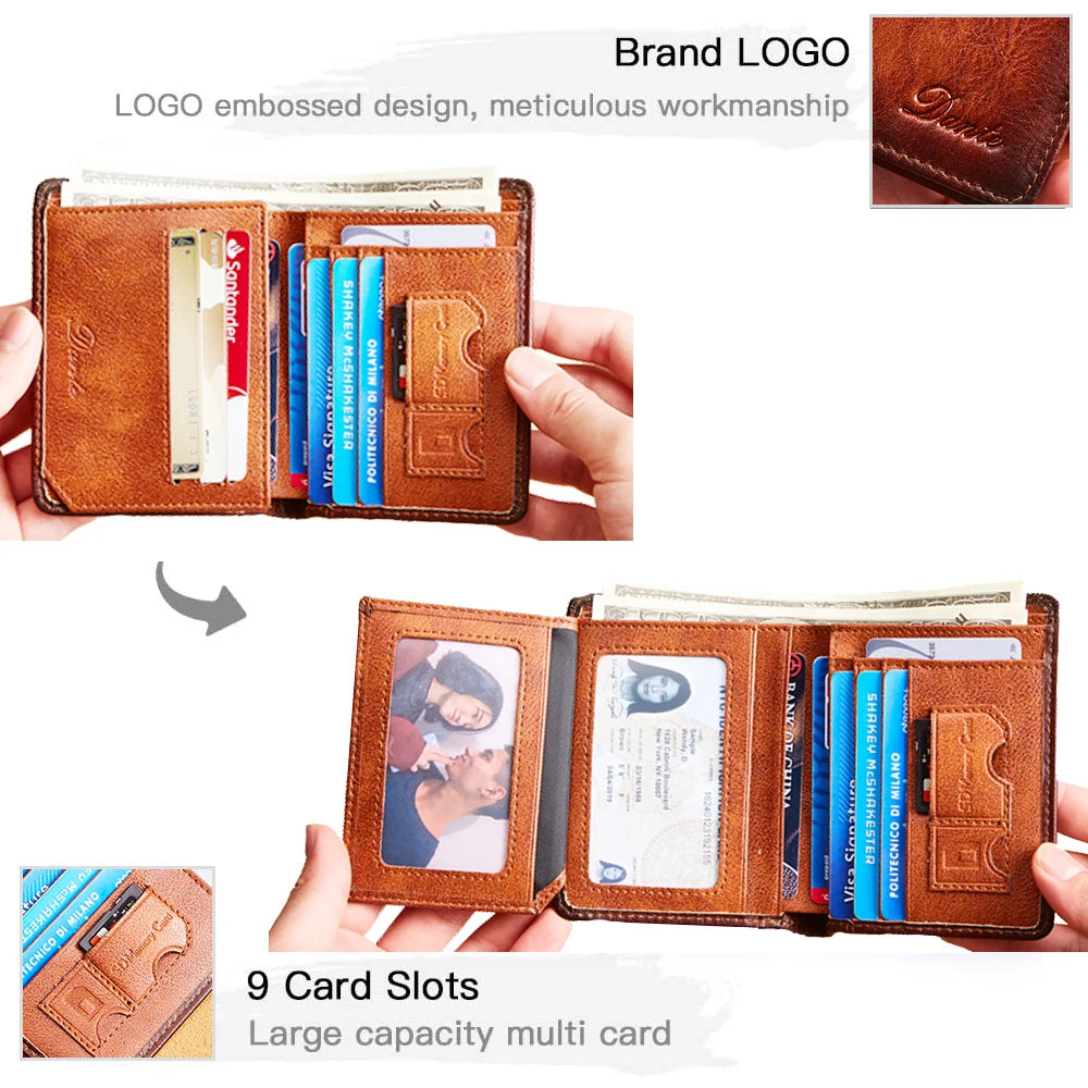 Dante Men's Leather Wallet RFID Anti-theft Brush Head Layer Cowhide Retro Casual Vertical Multi-Function Money Bag Money Clips