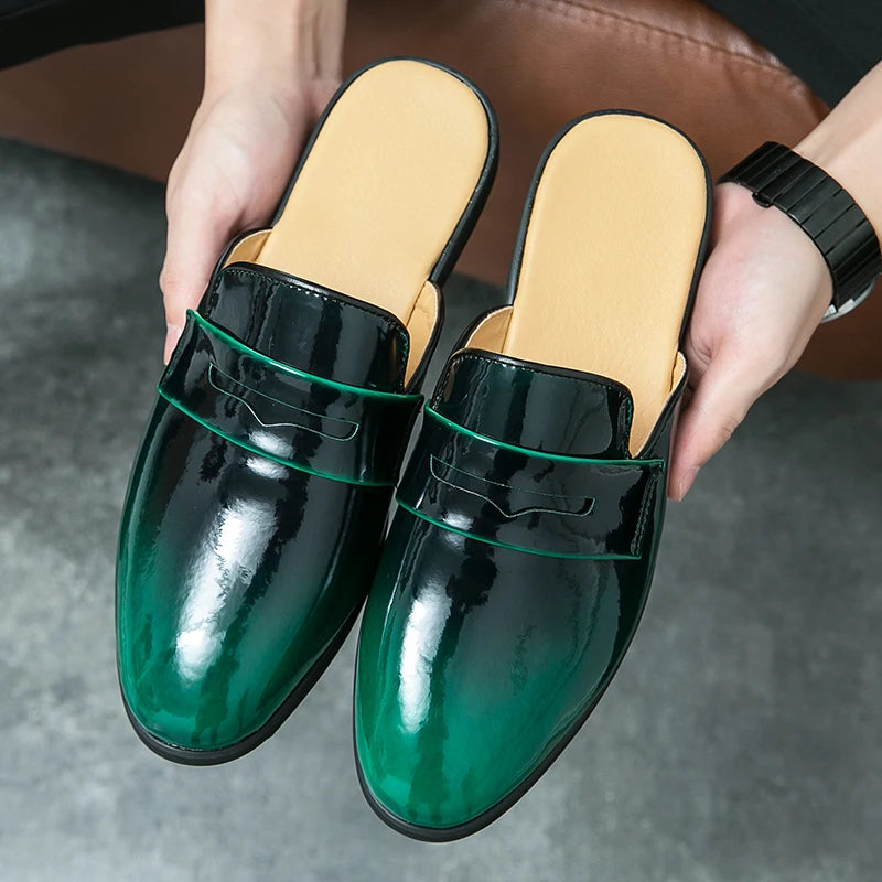 Green Color Penny Loafers Casual Mules Comfortable Durable Patent Leather Home Slippers Men Half Loafer Shoes