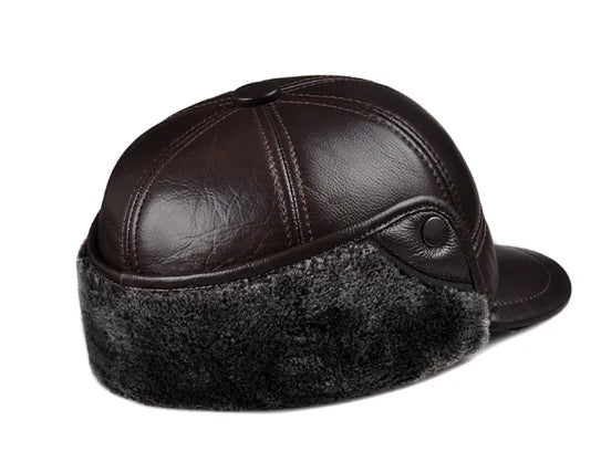Genuine Cowhide Leather Faux Fur Caps Dad Warm Winter Hat For Men Velvet Flat-top Duck Tongue Ear Protection Outdoor Bomber Gorr