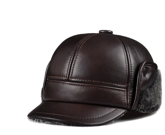 Genuine Cowhide Leather Faux Fur Caps Dad Warm Winter Hat For Men Velvet Flat-top Duck Tongue Ear Protection Outdoor Bomber Gorr