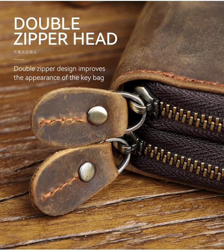 Genuine Leather Key Wallet For Men Retro Car Smart Key Case Double Zipper Housekeeper Keys Coin Pouch Organizer Handbag Women