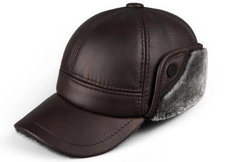 High Quality Genuine Leather Hats Winter First Layer Cowhide Warm Earmuffs Bomber Caps Plus Velvet Thicken Man Bone Caps Dad Hat