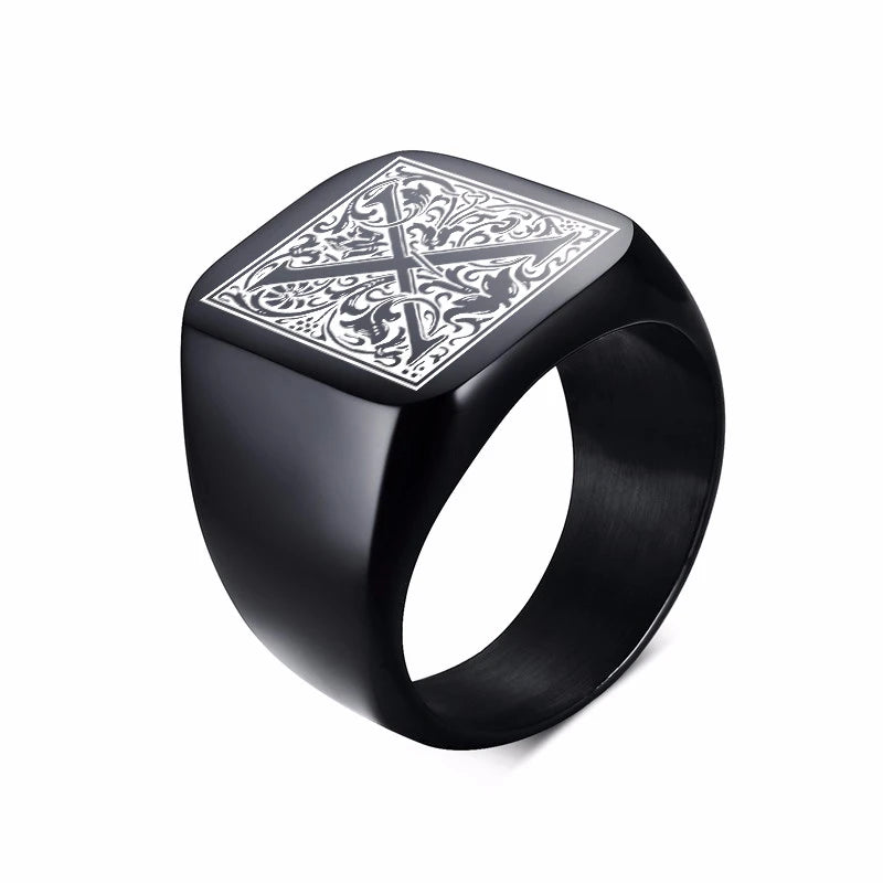 MONOGRAM SIGNET RING STAINLESS STEEL BIKER RINGS FOR MEN MONOGRAM FANCY INITAL SQUARE FLAT TOP BAND IN BLACK