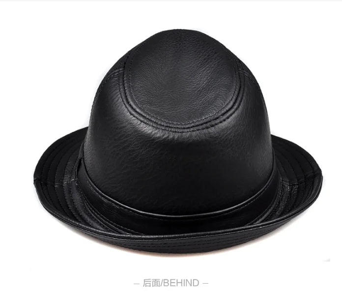 New 2025 Man High Quality Genuine Leather Jazz Fedora Gentleman Cow Skin Short Brim Black/Brown Top Hat Male Shows Topper