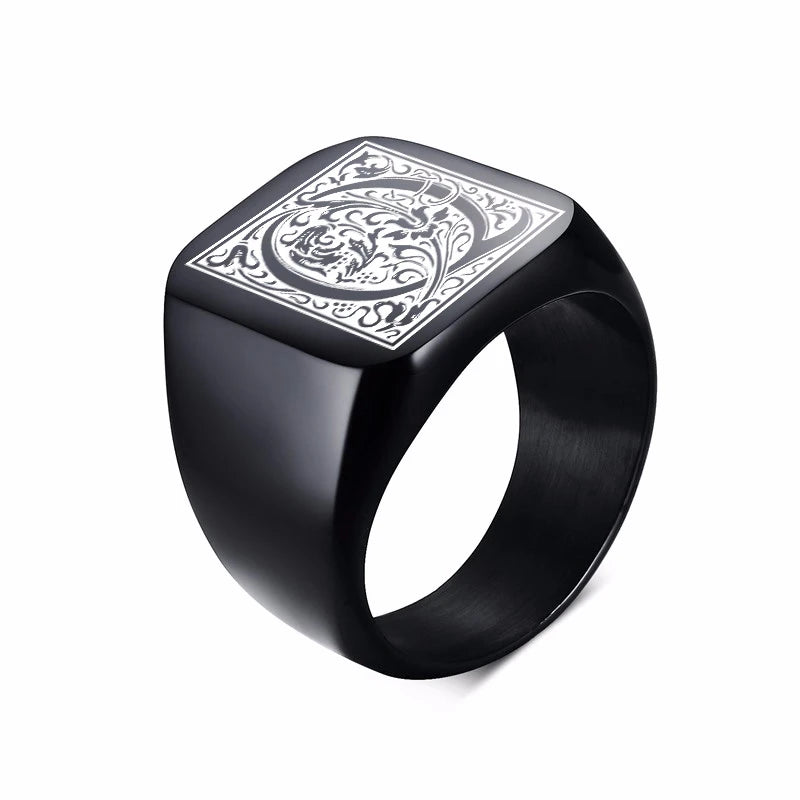 MONOGRAM SIGNET RING STAINLESS STEEL BIKER RINGS FOR MEN MONOGRAM FANCY INITAL SQUARE FLAT TOP BAND IN BLACK