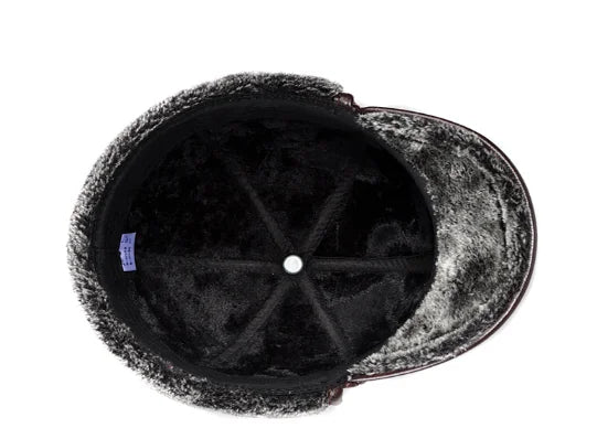 Genuine Cowhide Leather Faux Fur Caps Dad Warm Winter Hat For Men Velvet Flat-top Duck Tongue Ear Protection Outdoor Bomber Gorr