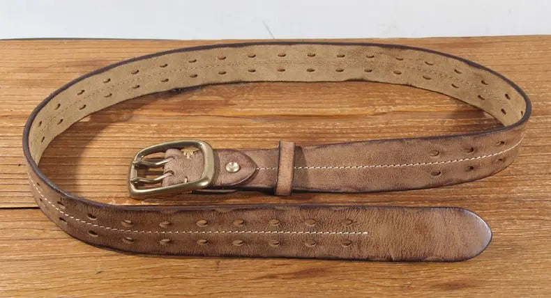 Vintage Men's 3.8cm Wide Double Breasted Belt 100% Cowhide Double Prong Buckle Handmade Heavy Duty Belt Fashion Jeans Belt Brown