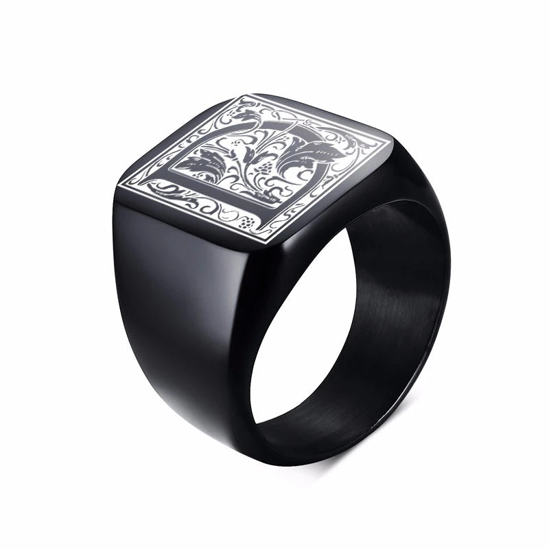 MONOGRAM SIGNET RING STAINLESS STEEL BIKER RINGS FOR MEN MONOGRAM FANCY INITAL SQUARE FLAT TOP BAND IN BLACK